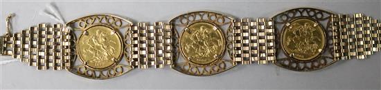 A 9ct gold bracelet inset with three Victorian gold sovereigns, 1883, 1884 and 1885.